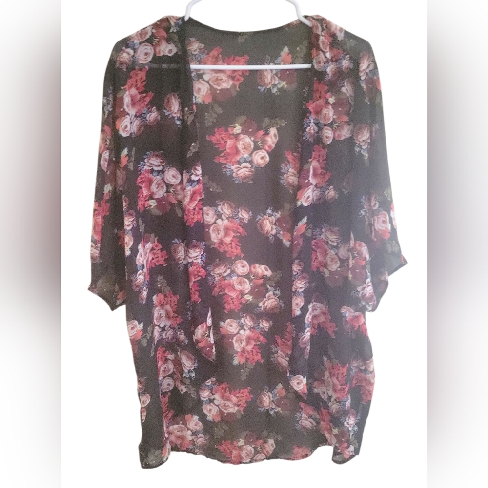 Unbranded Women's Black Red Floral Sheer Open Front Swimsuit Cover Up Kimono, XL